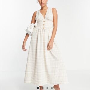 ASOS DESIGN plunge overall midi dress in neutral gingham